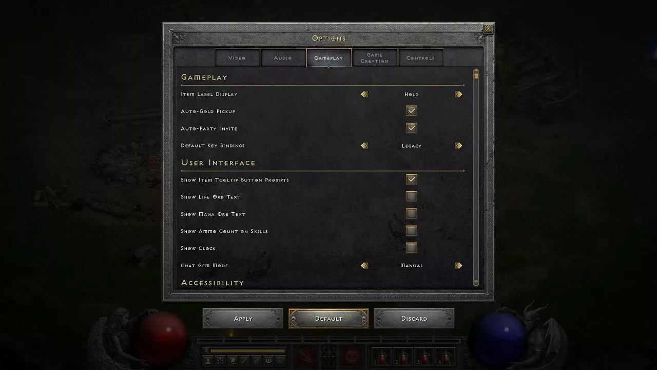 In-game screen capture showing the Gameplay menu and options