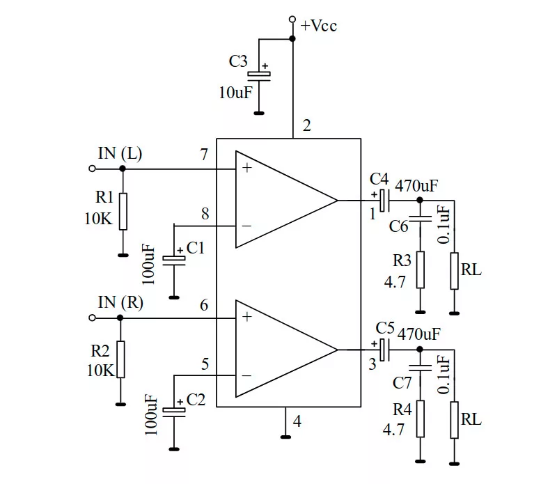 Example of circuit application extracted from the TDA2822M datasheet